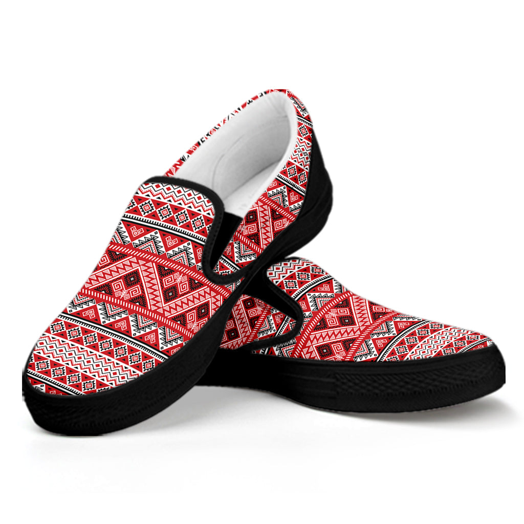 Red And White Native Tribal Print Black Slip On Shoes