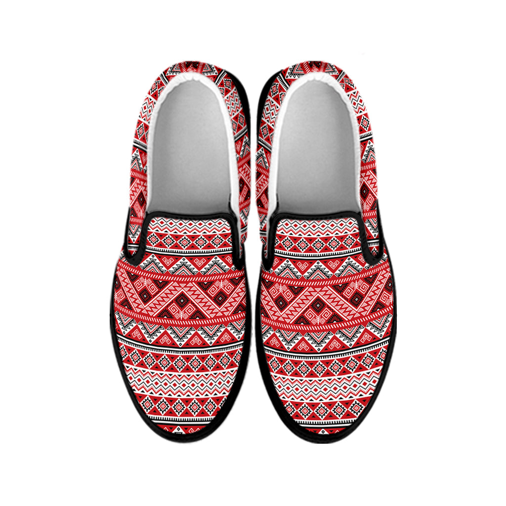 Red And White Native Tribal Print Black Slip On Shoes