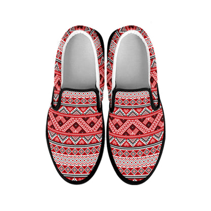 Red And White Native Tribal Print Black Slip On Shoes