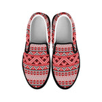 Red And White Native Tribal Print Black Slip On Shoes