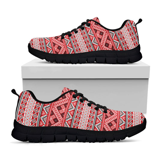Red And White Native Tribal Print Black Sneakers