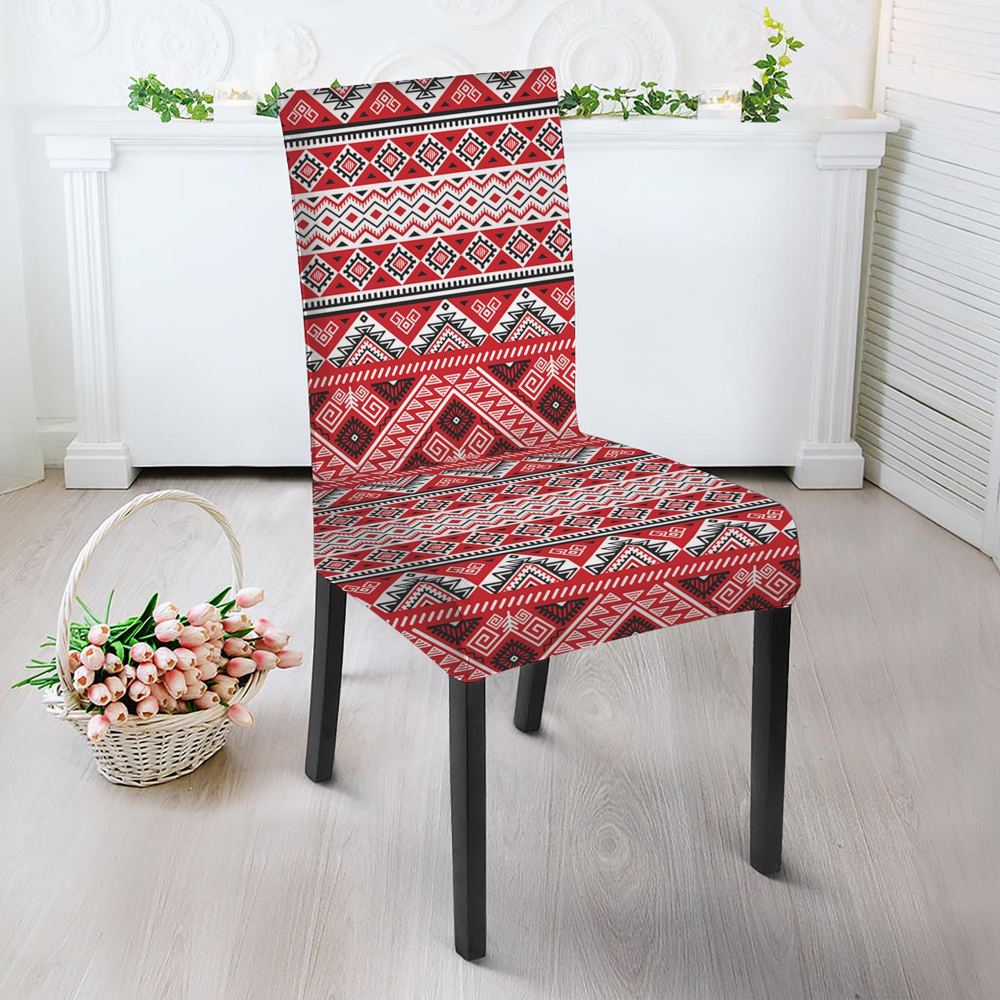 Red And White Native Tribal Print Dining Chair Slipcover