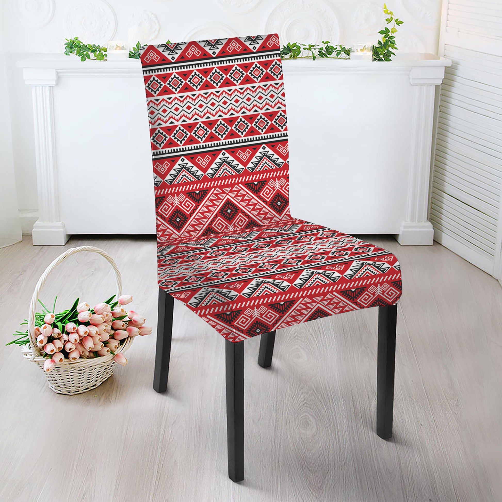Red And White Native Tribal Print Dining Chair Slipcover