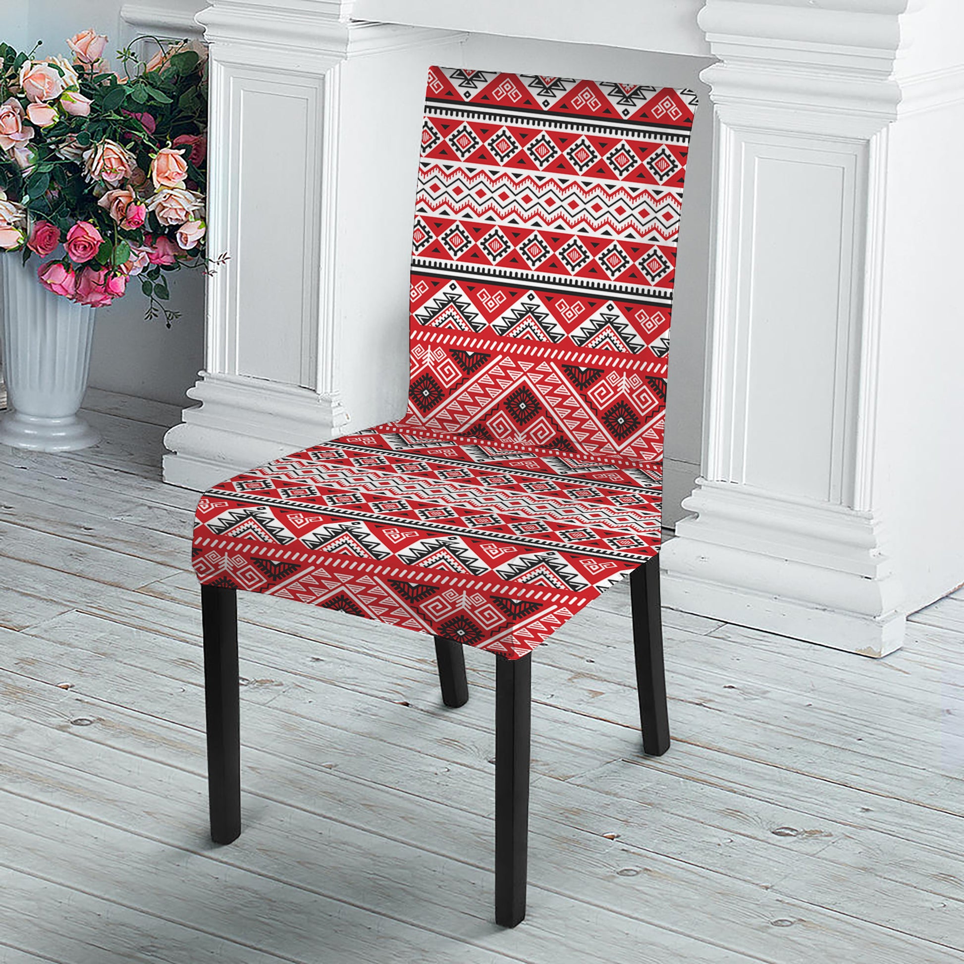 Red And White Native Tribal Print Dining Chair Slipcover