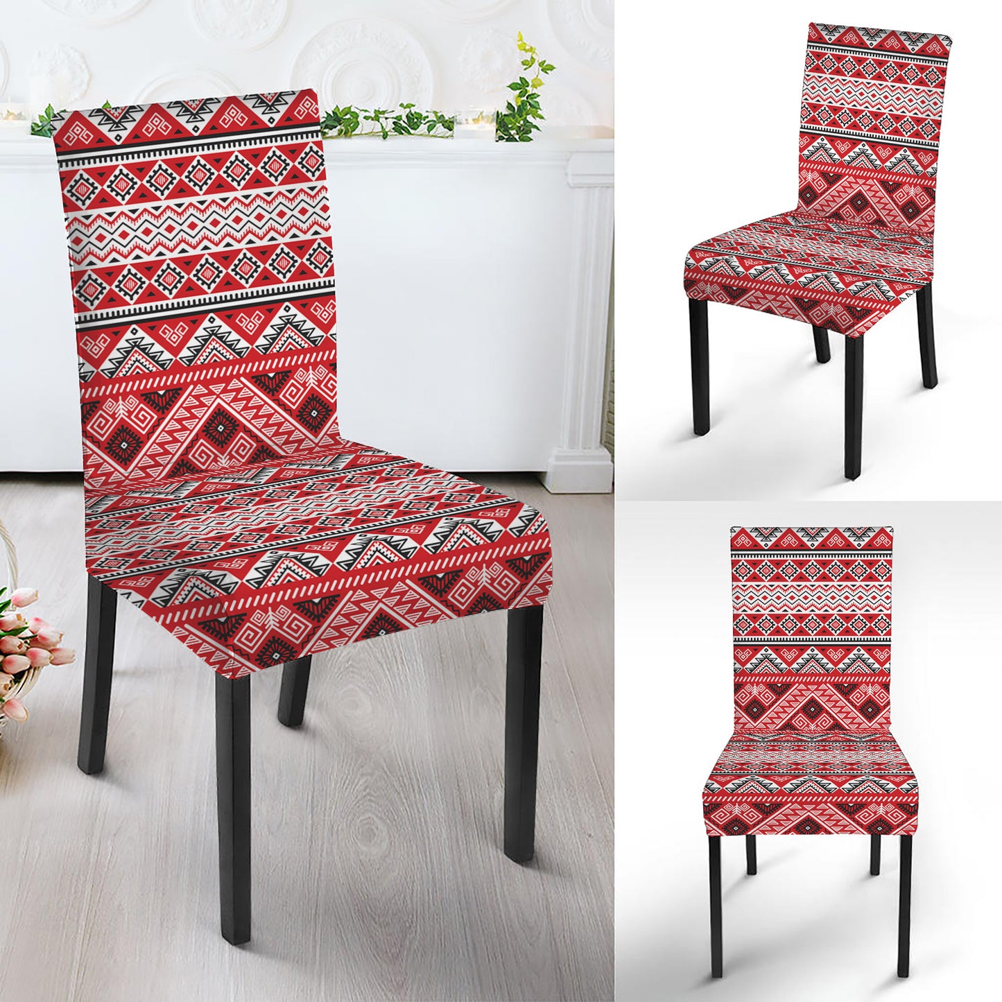 Red And White Native Tribal Print Dining Chair Slipcover