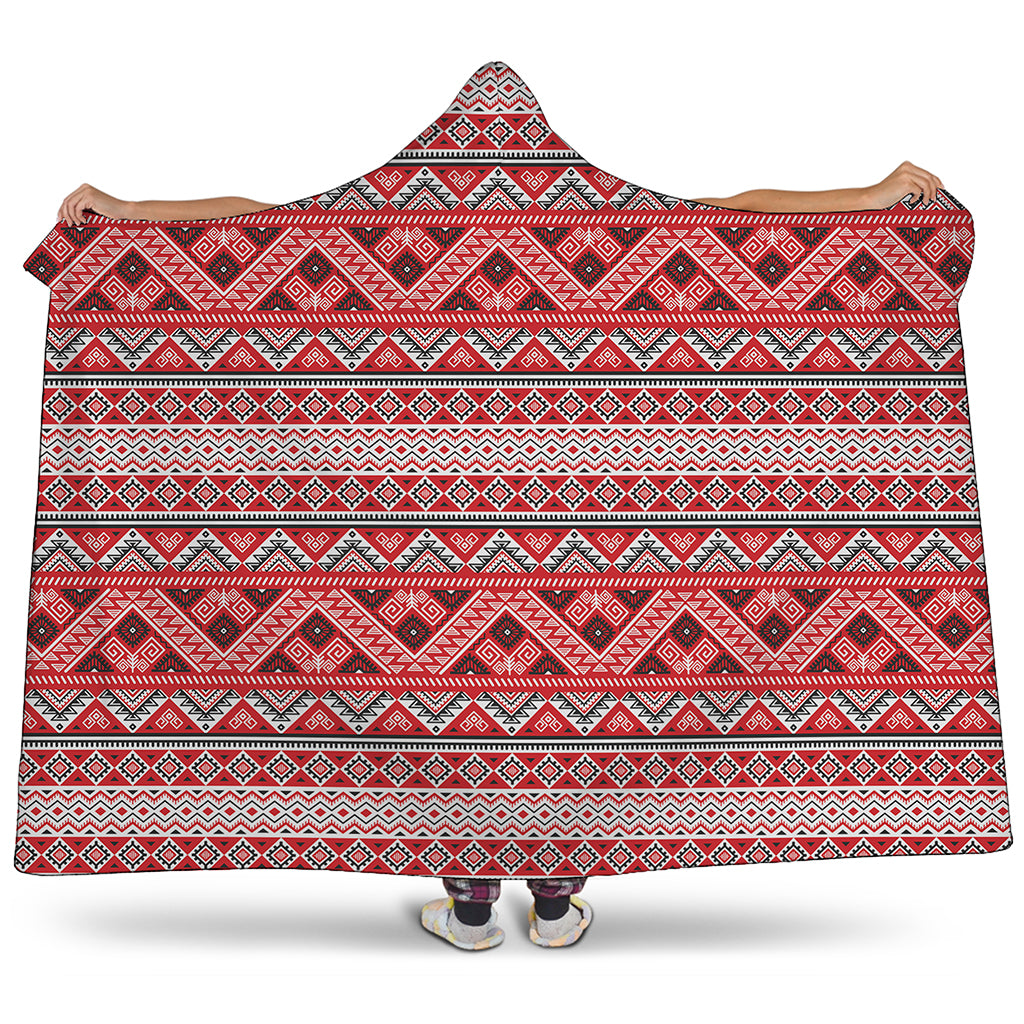 Red And White Native Tribal Print Hooded Blanket