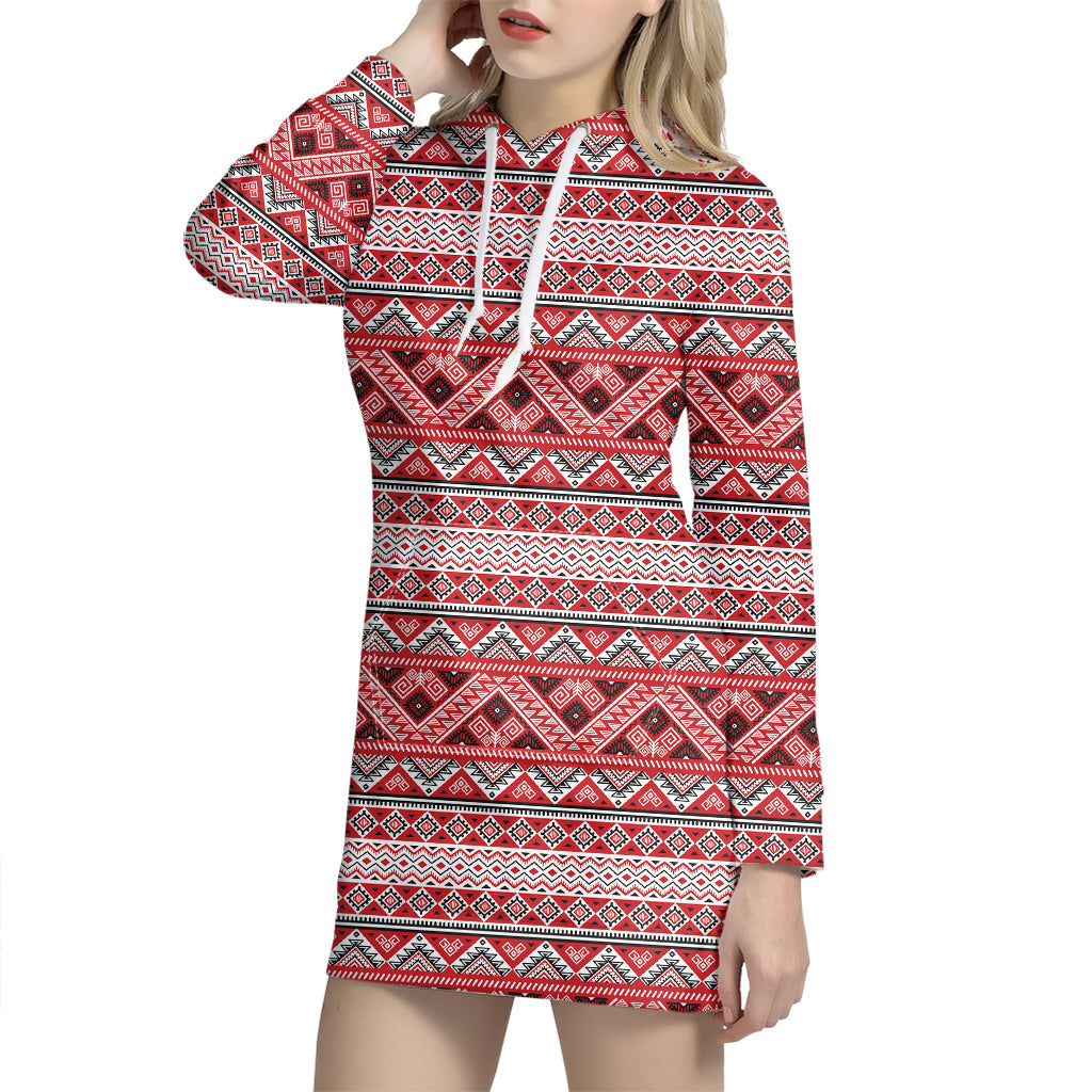 Red And White Native Tribal Print Hoodie Dress