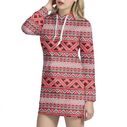 Red And White Native Tribal Print Hoodie Dress