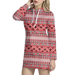 Red And White Native Tribal Print Hoodie Dress