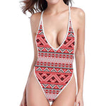 Red And White Native Tribal Print One Piece High Cut Swimsuit
