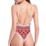 Red And White Native Tribal Print One Piece High Cut Swimsuit