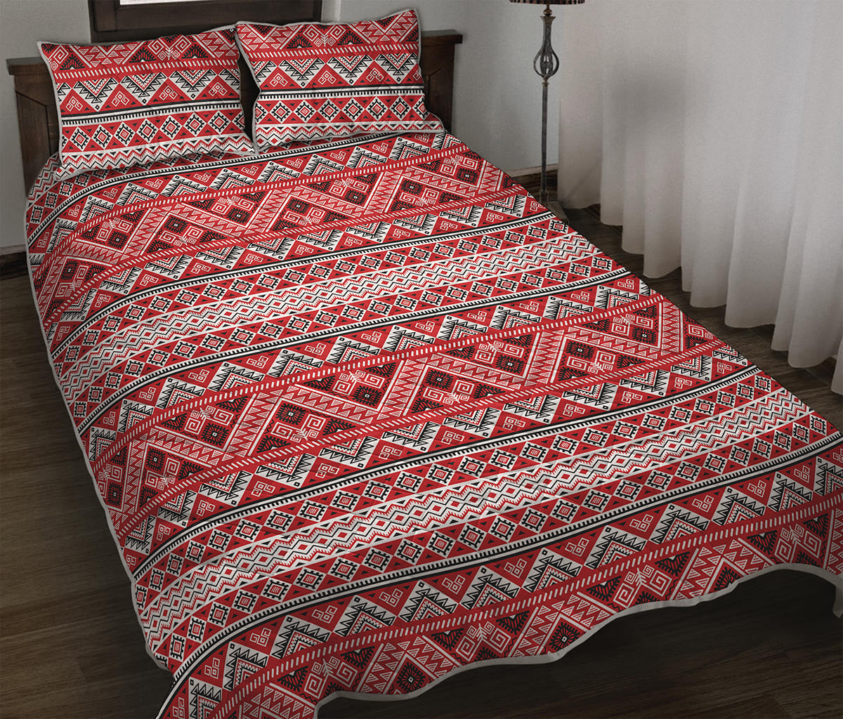 Red And White Native Tribal Print Quilt Bed Set