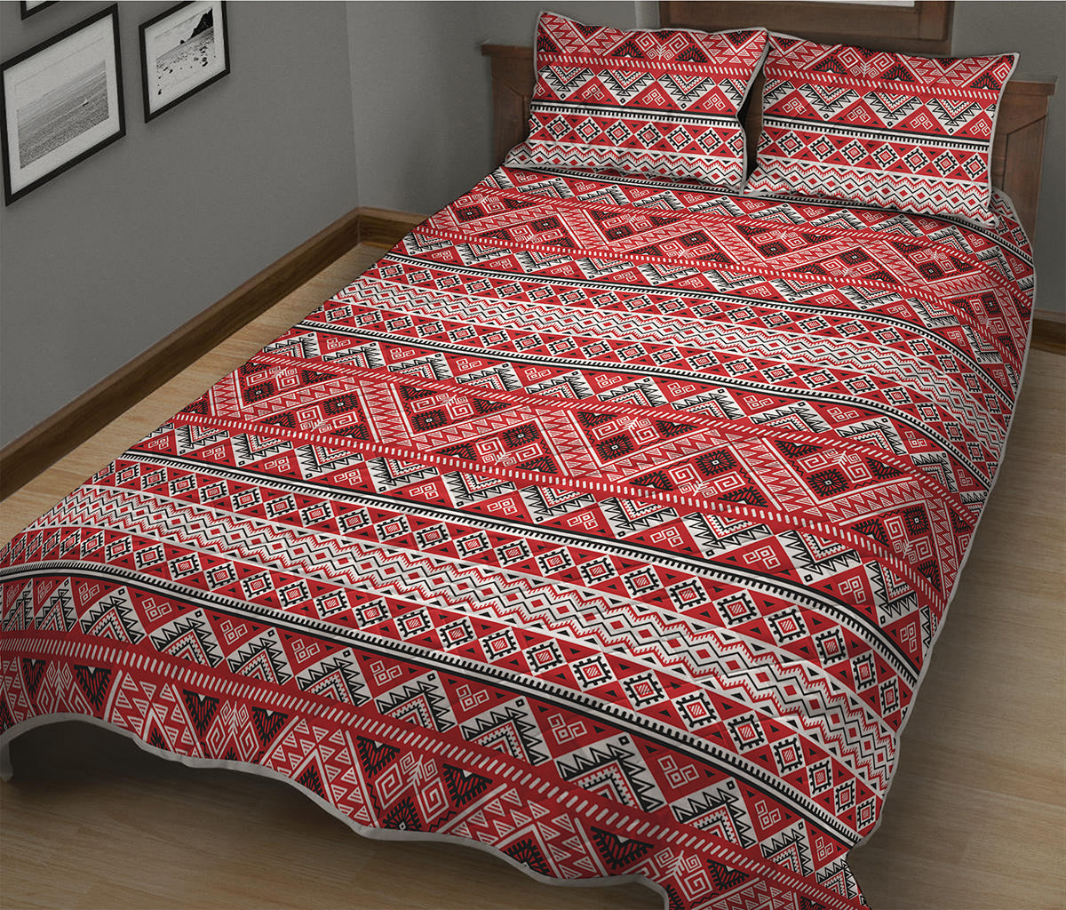 Red And White Native Tribal Print Quilt Bed Set