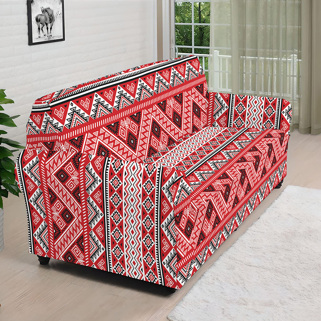 Red And White Native Tribal Print Sofa Cover