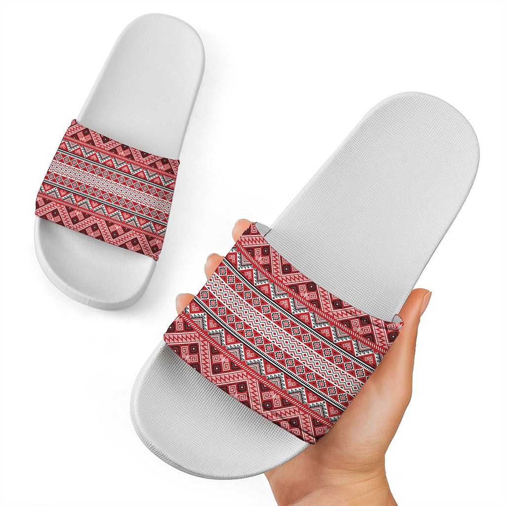 Red And White Native Tribal Print White Slide Sandals