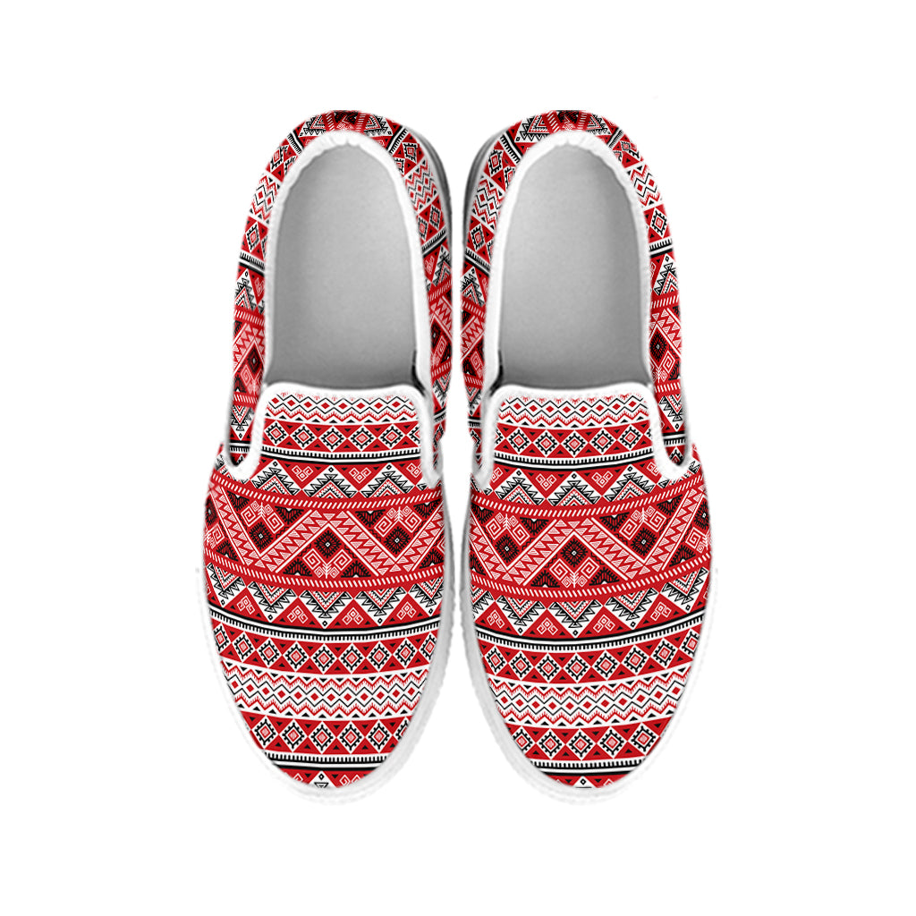 Red And White Native Tribal Print White Slip On Shoes