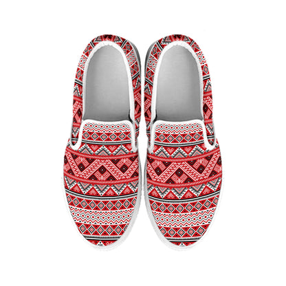 Red And White Native Tribal Print White Slip On Shoes