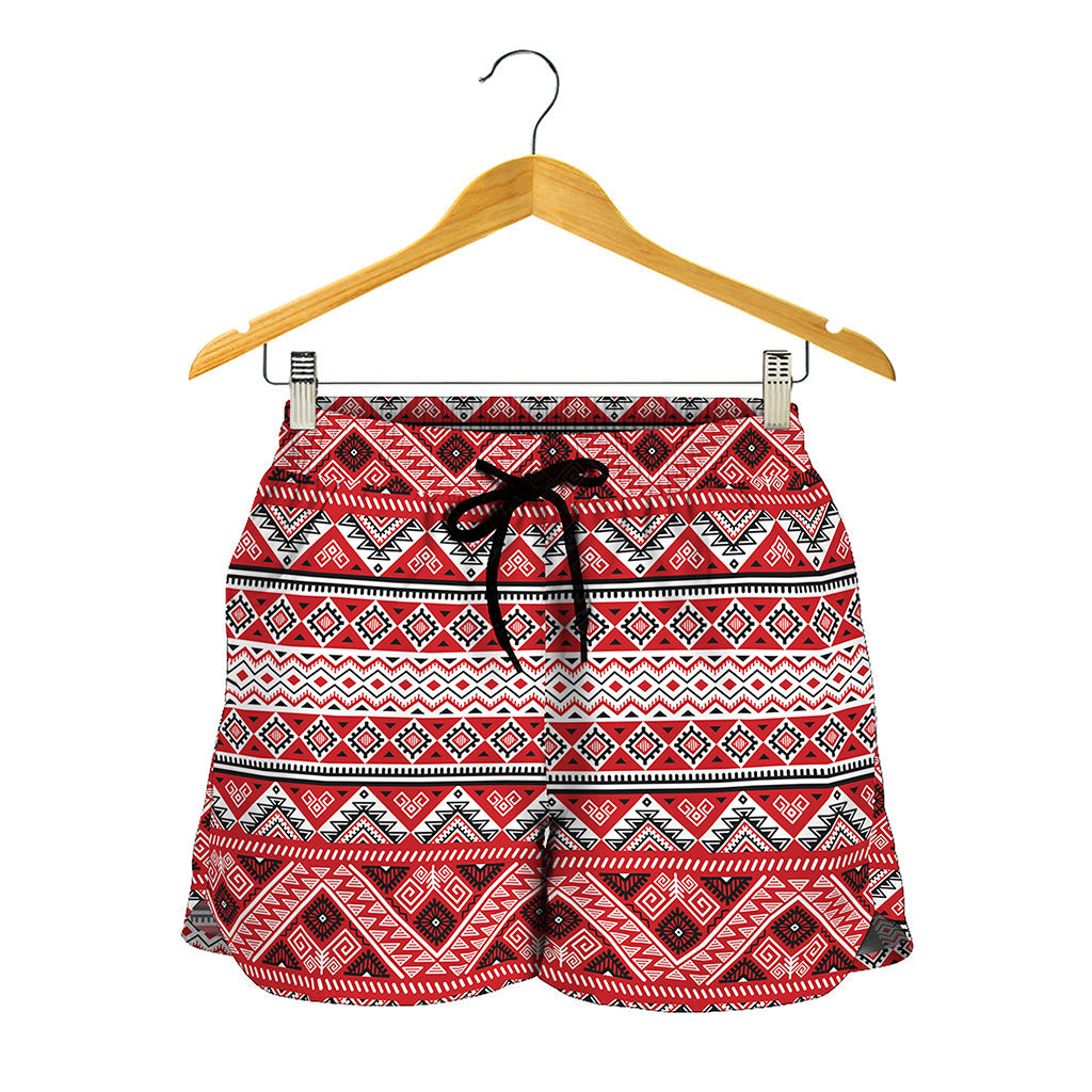 Red And White Native Tribal Print Women's Shorts