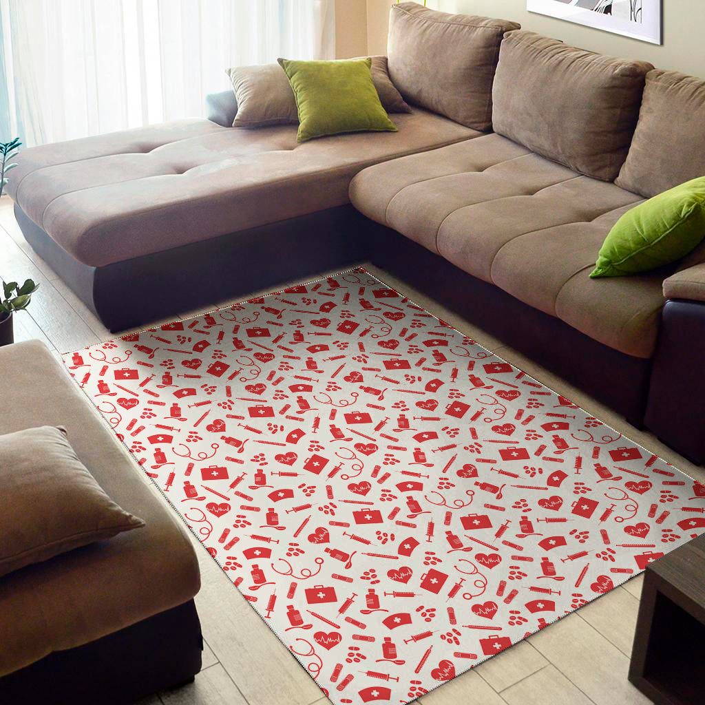 Red And White Nurse Pattern Print Area Rug