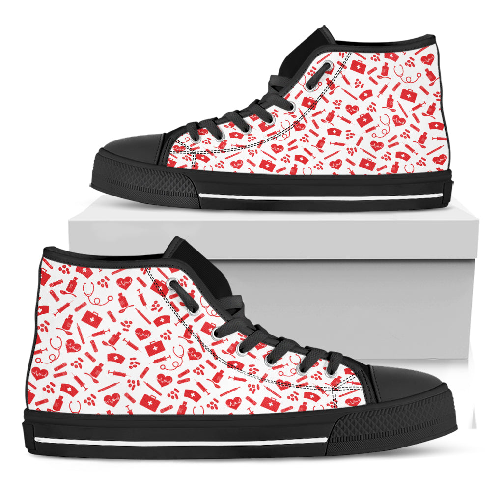Red And White Nurse Pattern Print Black High Top Shoes