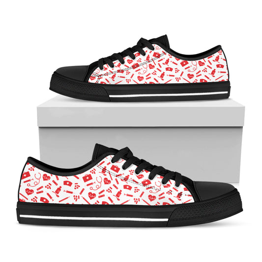 Red And White Nurse Pattern Print Black Low Top Shoes