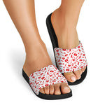 Red And White Nurse Pattern Print Black Slide Sandals