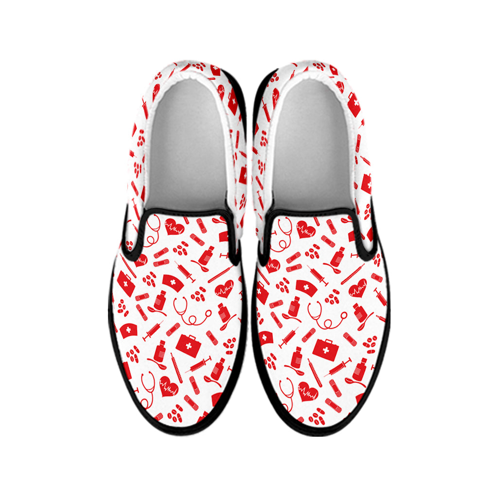 Red And White Nurse Pattern Print Black Slip On Shoes