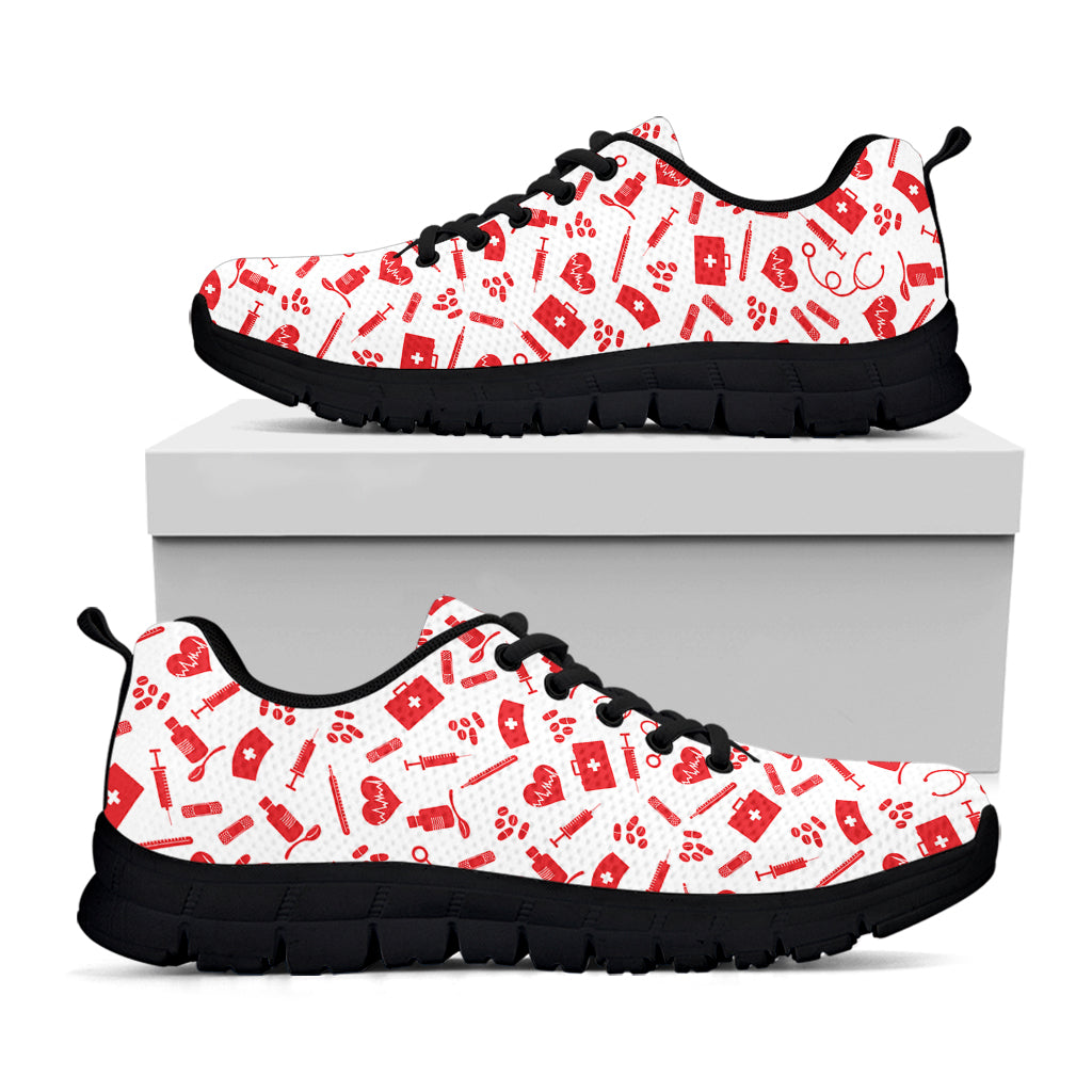 Red And White Nurse Pattern Print Black Sneakers