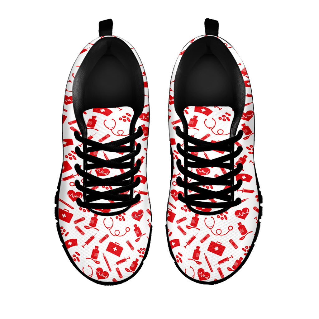 Red And White Nurse Pattern Print Black Sneakers