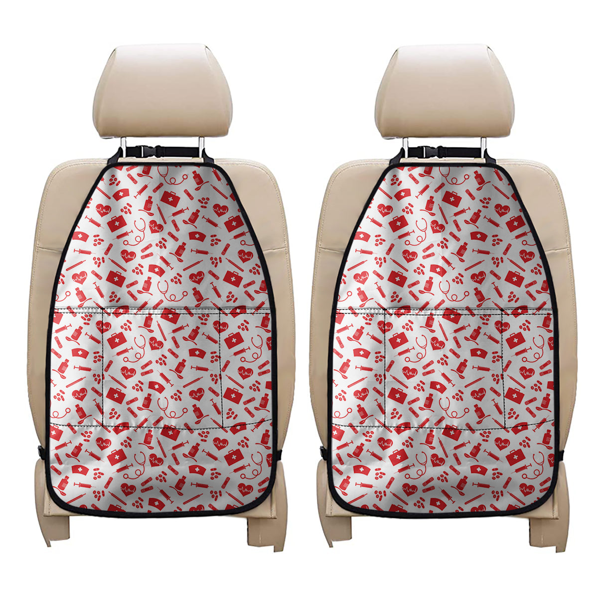 Red And White Nurse Pattern Print Car Seat Organizers