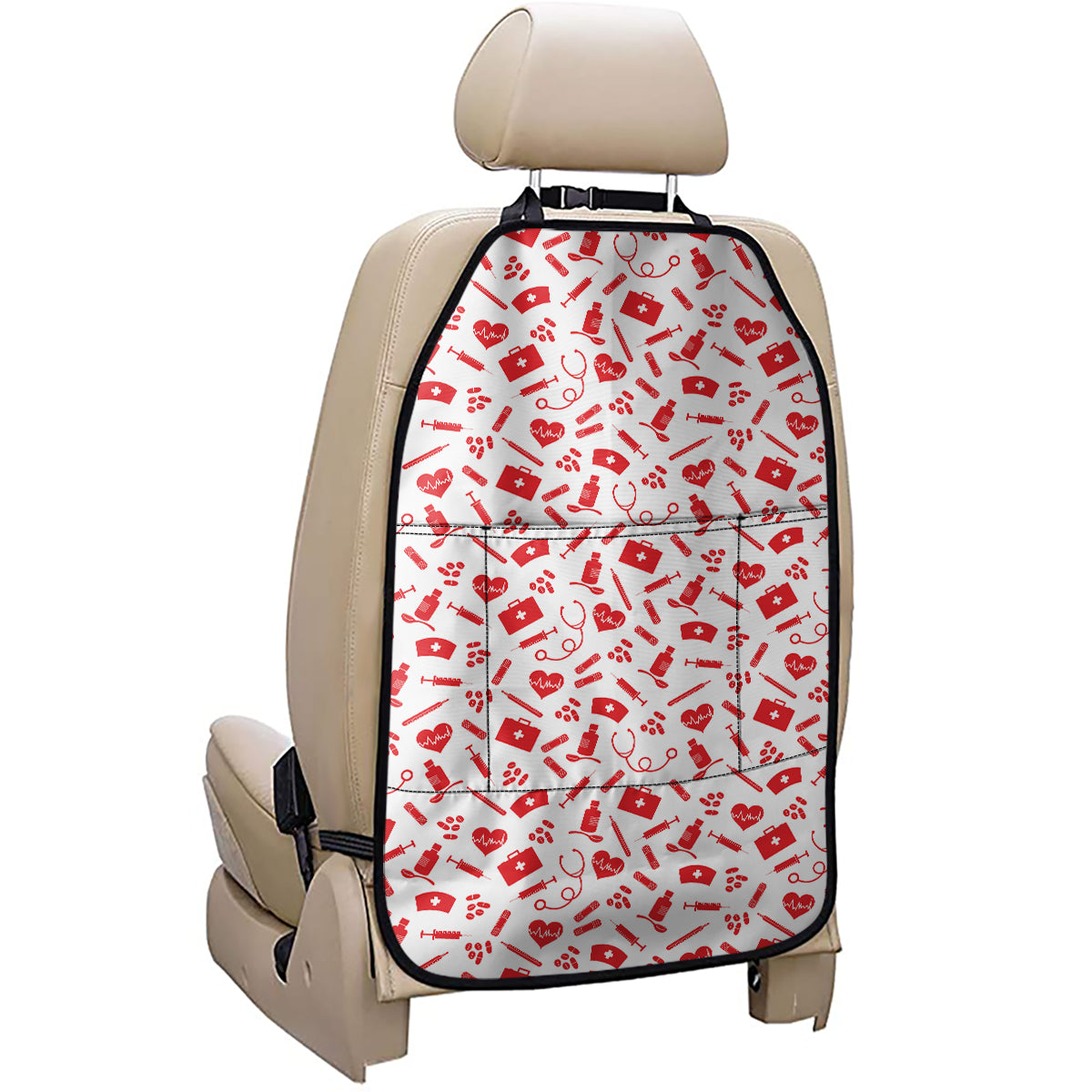 Red And White Nurse Pattern Print Car Seat Organizers