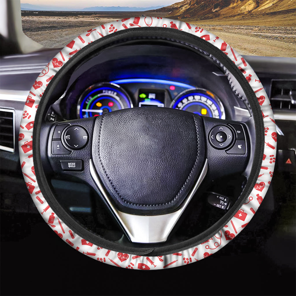 Red And White Nurse Pattern Print Car Steering Wheel Cover