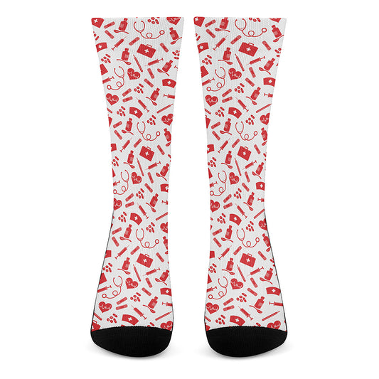 Red And White Nurse Pattern Print Crew Socks