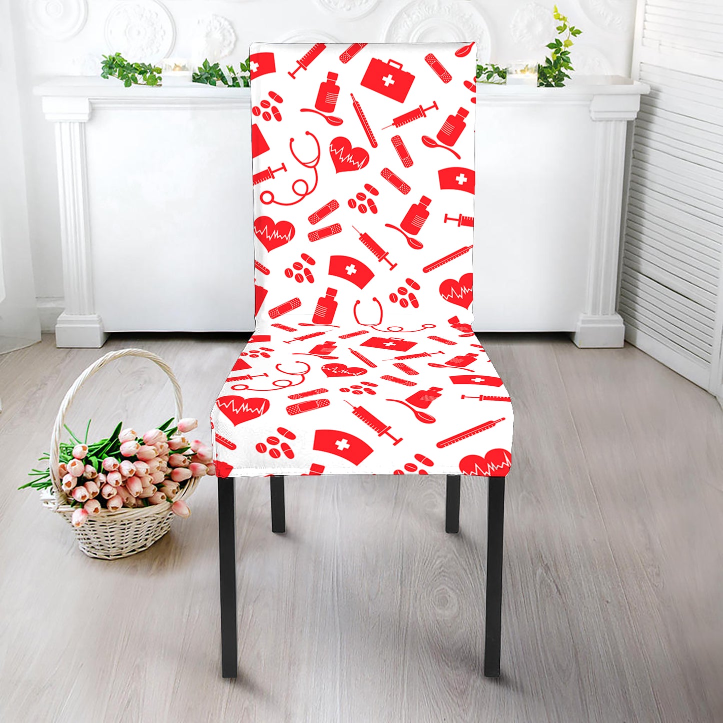Red And White Nurse Pattern Print Dining Chair Slipcover