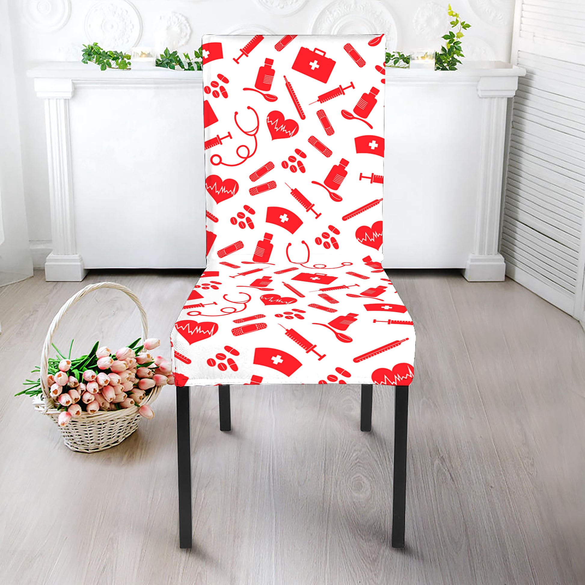 Red And White Nurse Pattern Print Dining Chair Slipcover