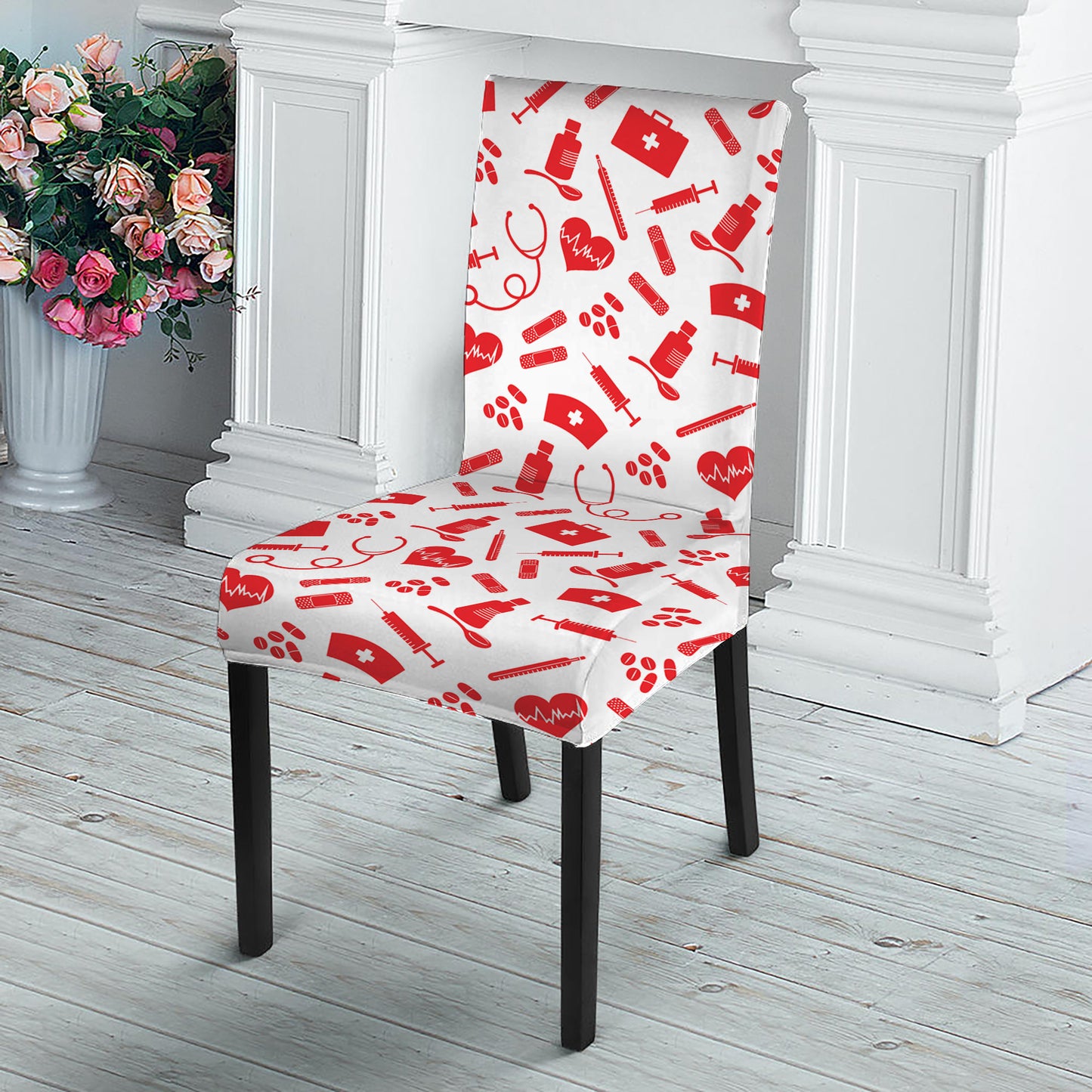 Red And White Nurse Pattern Print Dining Chair Slipcover