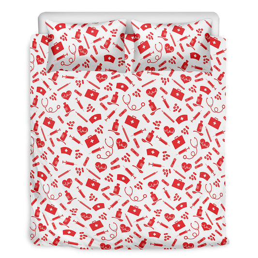 Red And White Nurse Pattern Print Duvet Cover Bedding Set