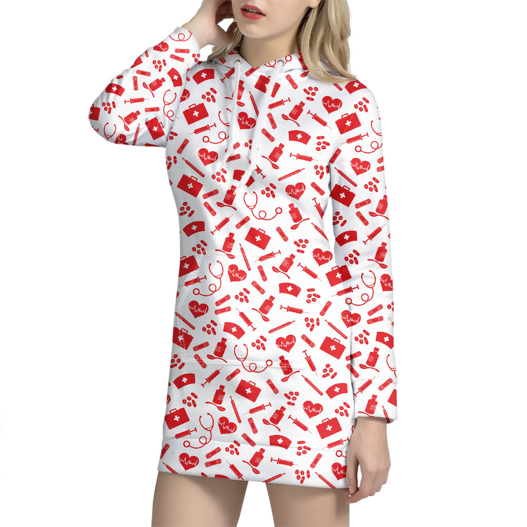 Red And White Nurse Pattern Print Hoodie Dress