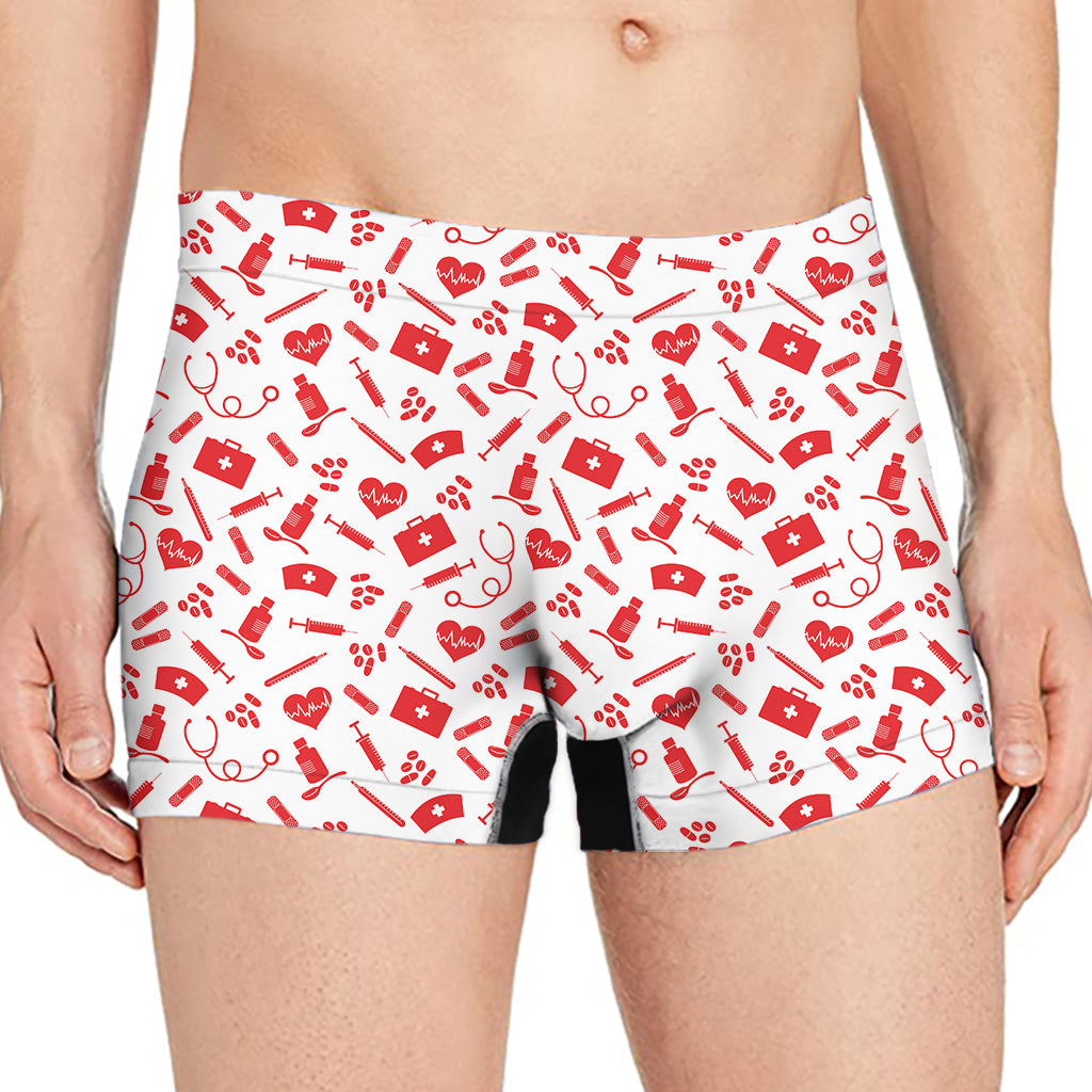 Red And White Nurse Pattern Print Men's Boxer Briefs