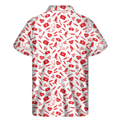 Red And White Nurse Pattern Print Men's Short Sleeve Shirt