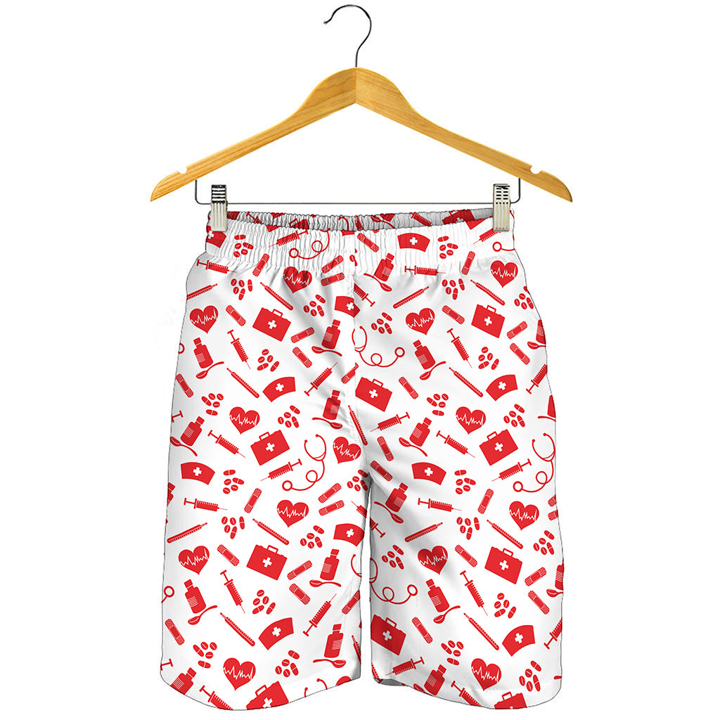 Red And White Nurse Pattern Print Men's Shorts