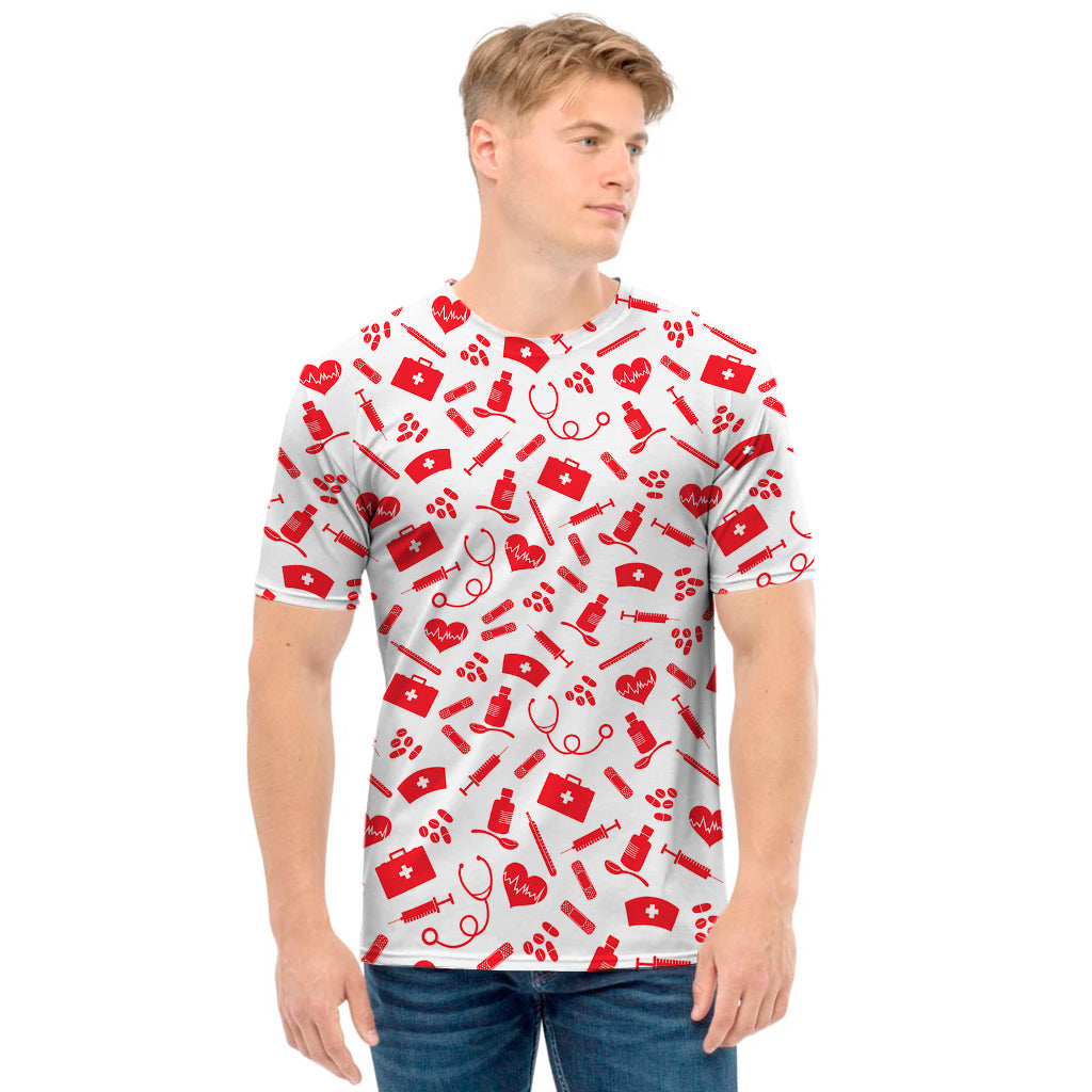 Red And White Nurse Pattern Print Men's T-Shirt