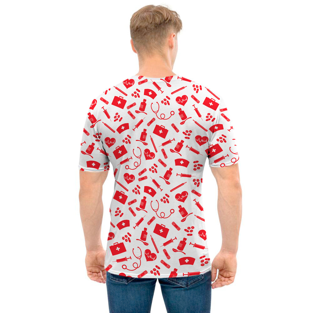 Red And White Nurse Pattern Print Men's T-Shirt