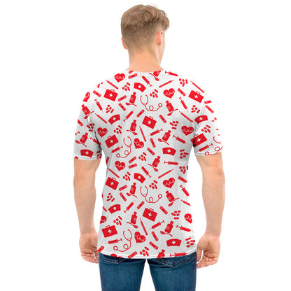 Red And White Nurse Pattern Print Men's T-Shirt