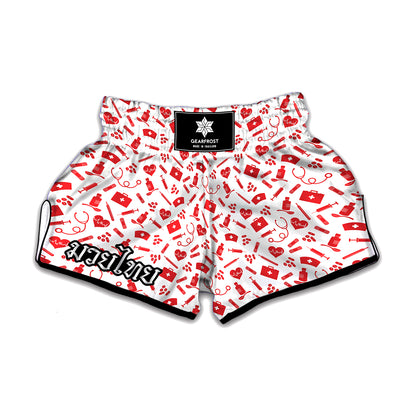 Red And White Nurse Pattern Print Muay Thai Boxing Shorts