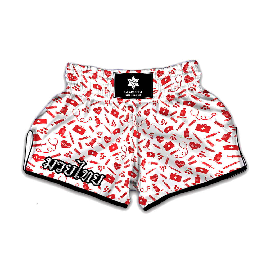 Red And White Nurse Pattern Print Muay Thai Boxing Shorts