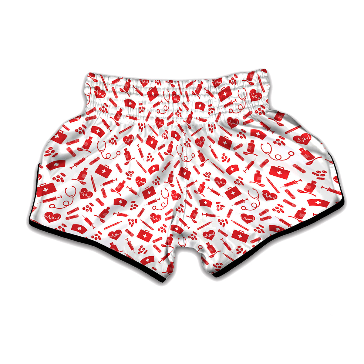 Red And White Nurse Pattern Print Muay Thai Boxing Shorts