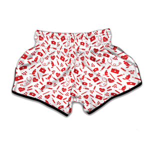 Red And White Nurse Pattern Print Muay Thai Boxing Shorts