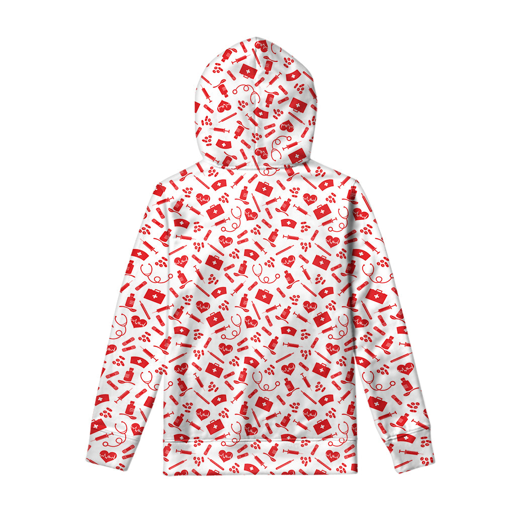 Red And White Nurse Pattern Print Pullover Hoodie