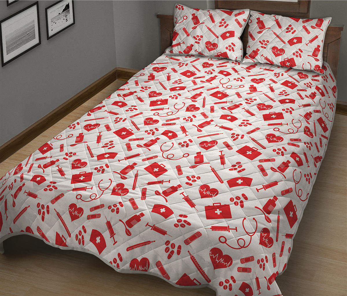 Red And White Nurse Pattern Print Quilt Bed Set